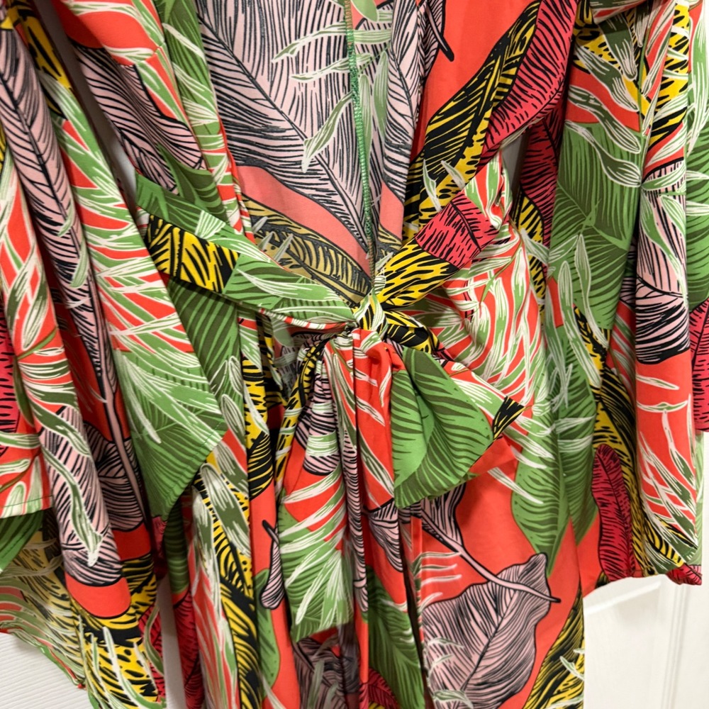 Philthy Tropical Leaf Print Maxi Kimono Robe Ruffle Hem Red Green L/XL - Picture 6 of 8